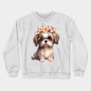 Watercolor Shih Tzu Dog with Head Wreath Crewneck Sweatshirt